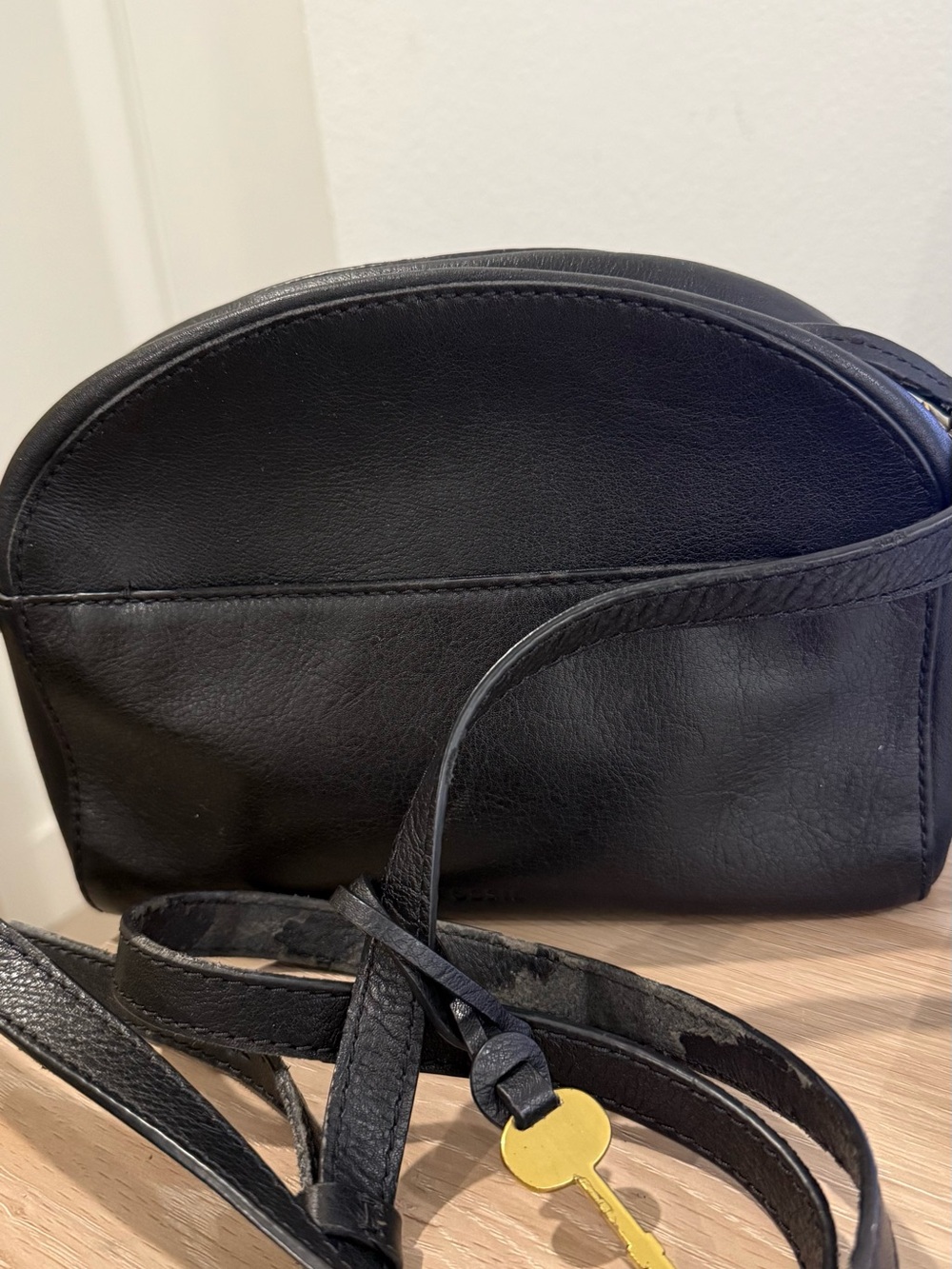 Fossil Black Leather Crossbody Bag with Key Charm